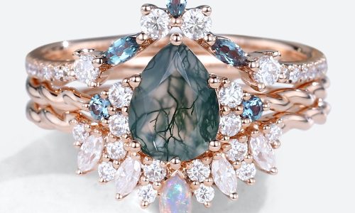 Rose Gold 3PCS Moss Agate Twisted Engagement Ring Alexandrite Opal Curved Wedding Band Set (1)