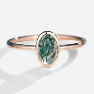 Rose Gold Bezel Oval Cut Moss Agate Engagement Ring Simple Engagement Ring in rose gold