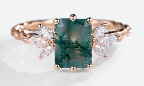Rose Gold Emerald Cut Engagement Rings Moss Agate Ring Twisted Simple Engagement Ring (1)