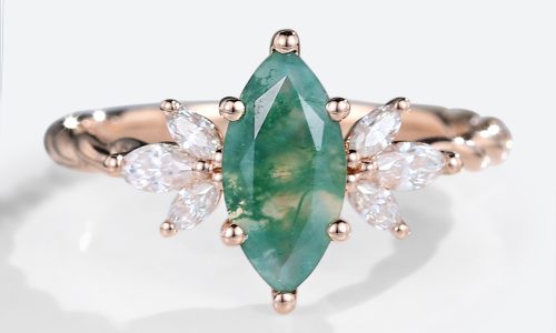 Rose Gold Marquise Cut Moss Agate Ring Marquise Moissanite Side Stone Twisted Engagement Ring (1)