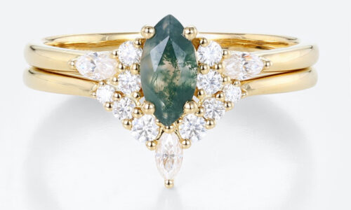 Marquise Moss Agate Ring Marquise Moissanite Curved Wedding Band