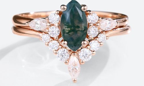 Rose Gold Marquise Moss Agate Ring With Marquise Moissanite Curved Wedding Band Set (1)