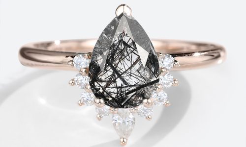 Rose Gold Pear Shaped Black Rutilated Quartz Ring Half Halo Engagement Ring (1)