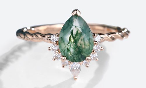 Rose Gold Pear Shaped Moss Agate Engagement Ring 34 Eternity Vintage Twisted Bridal Ring (1)
