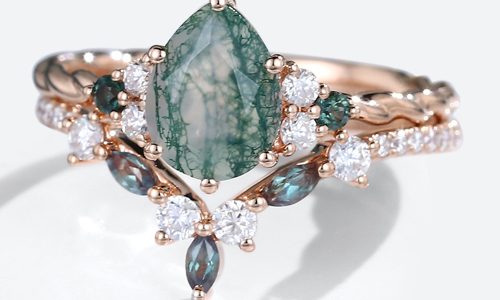 Rose Gold Pear Shaped Moss Agate Engagement Ring with Marquise Alexandrite Wedding Band Set (1)