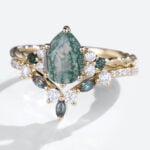 Yellow Gold Pear Shaped Moss Agate Engagement Ring with Marquise Alexandrite Wedding Band Set