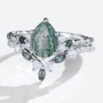 White Gold Pear Shaped Moss Agate Engagement Ring with Marquise Alexandrite Wedding Band Set