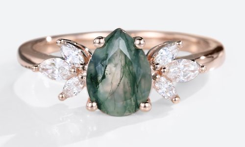 Rose Gold Pear Shaped Moss Agate Ring Marquise Moissanite Side Stone Simple Engagement Ring (1)