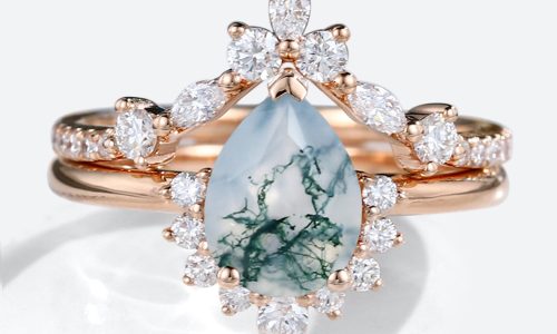 Rose Gold Pear Shaped Moss Agate Ring with Pave Moissanite Curved Wedding Band (1)