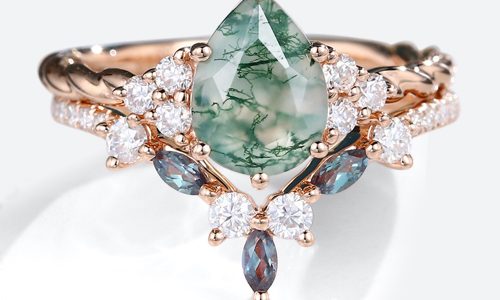 Rose Gold Pear Shaped Moss Agate Twisted Engagement Ring with Pave Alexandrite Curved Wedding Band Set (1)