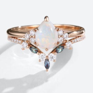 Pear Shaped Opal Ring with Alexandrite Curved Wedding Band Set in Rose Gold