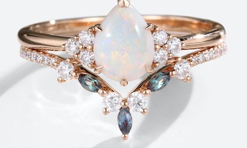 Rose Gold Pear Shaped Opal Engagement Ring with Marquise Alexandrite Curved Wedding Band (1)