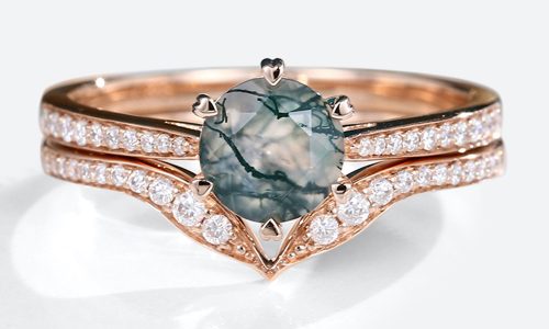Rose Gold Round Cut Moss Agate Ring Channel Set Moissanite Curved Wedding Band Set (1)