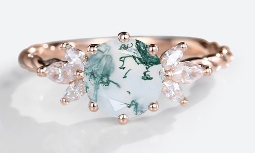 Rose Gold Round Cut Moss Agate Ring Twisted Marquise Cut Side Stone Engagement Ring (1)
