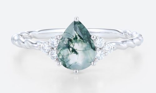 Solid 14K White Gold Pear Shaped Moss Agate Engagement Ring Twisted Vintage Engagement Ring (1)