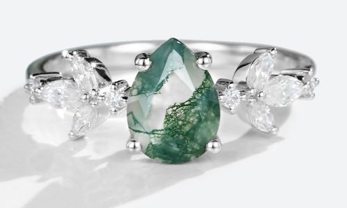 Vintage Pear Shaped Moss Agate Engagement Ring White Gold (1)