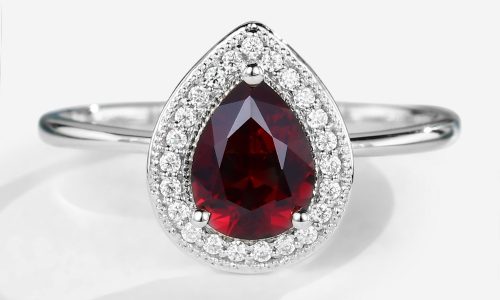 White Gold Halo Ruby Ring Bezel Pear Shaped Lab Grown Ruby Engagement Ring (1)
