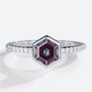 White Gold Hexagon Cut Alexandrite Rings Simple Bezel Half Eternity Engagement Ring