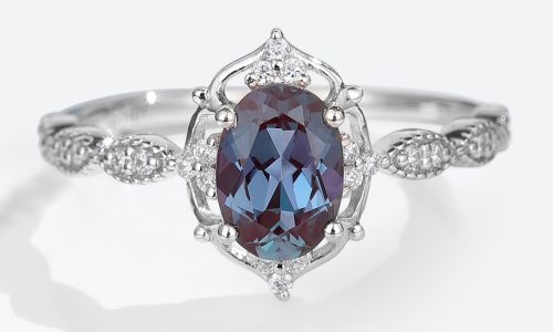 White Gold Oval Cut Alexandrite Engagement Ring Unique Vintage Art Deco Milgrain Ring (1)