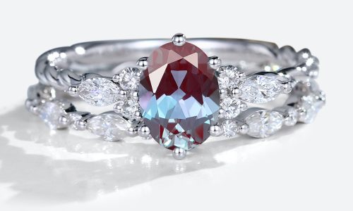 White Gold Oval Cut Alexandrite rings Twisted Alexandrite Engagement Ring with Eternity Diamond Wedding Band (1)