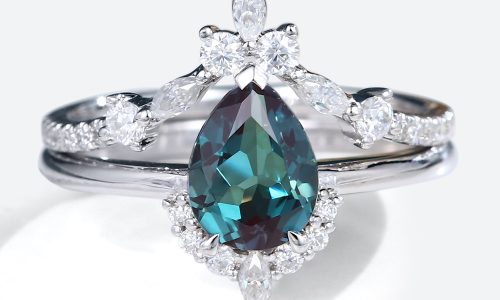 White Gold Pear Shaped Alexandrite Engagement Ring with Half Eternity Diamond Wedding Band Set (1)