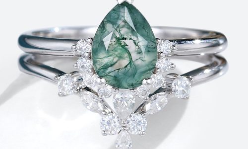 White Gold Pear Shaped Moss Agate Engagement Ring with Marquise Moissanite Curved Wedding Band Set (1)