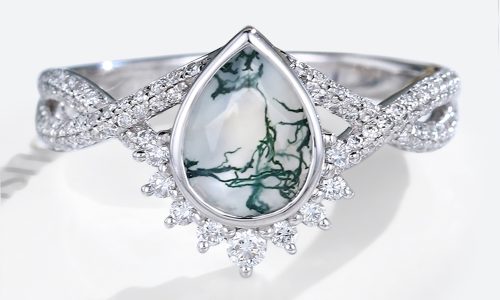 White Gold Pear Shaped Moss Agate Ring Hyperbolic Band Crossed Half Pave Engagement Ring (1)