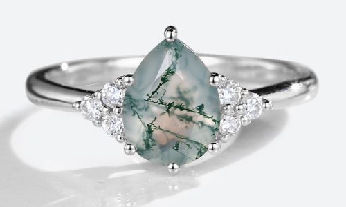 White Gold Pear Shaped Moss Agate Ring Moissanite Side Stone Engagement Ring Simple Engagement Ring (1)