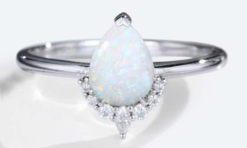 White Gold Pear Shaped Opal Ring Simple Engagement Rings Half Diamond Halo Opal Ring (1)