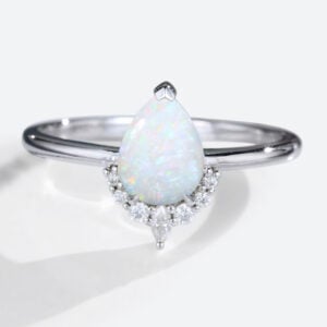 White Gold Pear Shaped Opal Ring Simple Engagement Rings Half Diamond Halo Opal Ring