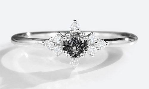 White Gold Round Cut Black Rutilated Quartz Ring Unique Simple Engagement Rings (1)