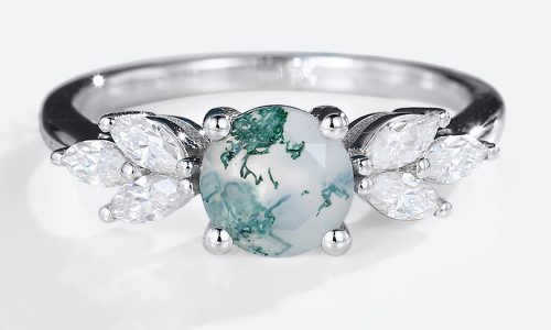 White Gold Round Cut Moss Agate Engagement Ring Marquise Moissanite Side Stone Ring (1)