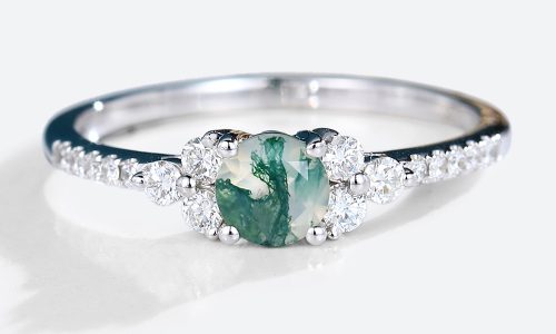 White Gold Round Cut Moss Agate Ring Half Pave Moss Agate Engagement Ring (1)