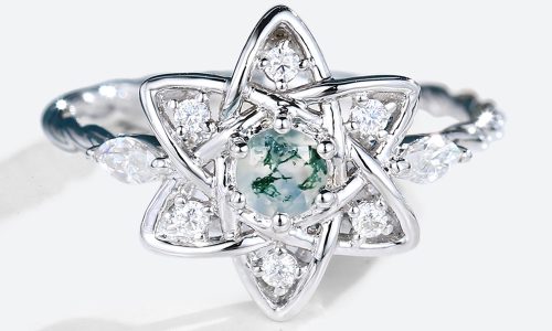 White Gold Round Cut Moss Agate Ring Unique Flower Star Twisted Moss Agate Engagement Ring (1)