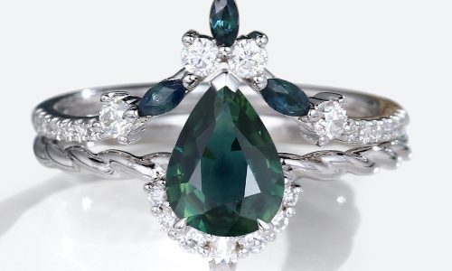 White Gold Twisted Pear Shaped Green Blue Sapphire Rings with Marquise Green Sapphire Curved Wedding Band Set (1)
