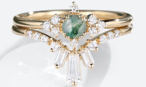 Yellow Gold Moss Agate Engagement Ring with Rectangular Moissanite Curved Wedding Ring Set (1)