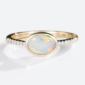 Yellow Gold Oval Cut Opal Rings Bezel Engagement Ring Half Eternity Pave Opal Ring