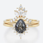 Black Rutilated Quartz Wedding Ring Set Yellow Gold Pear Shaped Rings