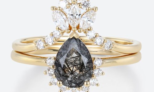 Black Rutilated Quartz Wedding Ring Set Yellow Gold Pear Shaped Rings