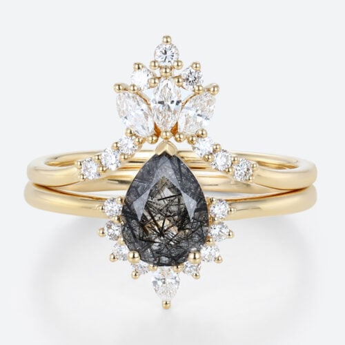Black Rutilated Quartz Wedding Ring Set Yellow Gold Pear Shaped Rings