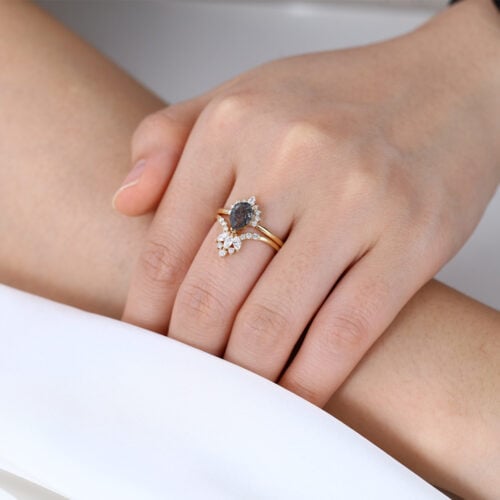 Black Rutilated Quartz Wedding Ring Set Yellow Gold Pear Shaped Rings
