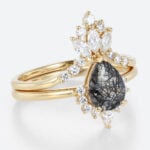 Black Rutilated Quartz Wedding Ring Set Yellow Gold Pear Shaped Rings