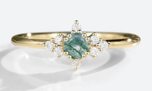 Yellow Gold Round Moss Agate Ring Round Moissanite Side Stone Simple Engagement Ring (1)