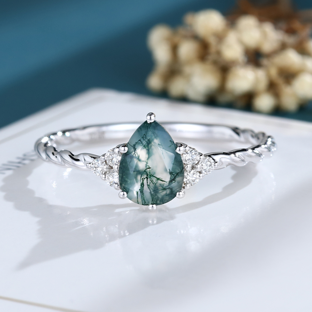 LisaJewelryUS Pear Shaped Moss Agate White Gold Engagement Ring