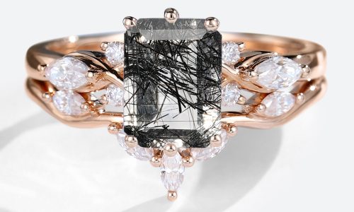 14K Rose Gold Emerald Cut Black Rutilated Quartz Engagement Rings with Marquise Diamond Curved Wedding Ring Set (1)