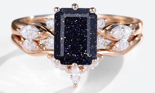 Blue Sandstone Ring Set Emerald Cut Engagement Rings Gold