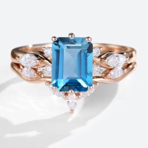 London Blue Topaz Engagement Ring Set Vintage Emerald Cut Rings in Rose Gold