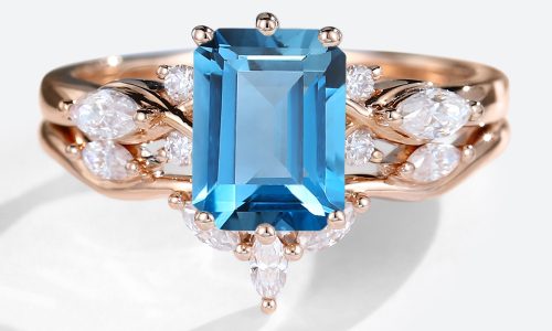 14K Rose Gold Emerald Cut London Blue Topaz Engagement Ring Set (1)
