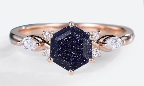 Blue Sandstone​ Hexagon Cut Engagement Ring​ 10k Gold Rose Ring