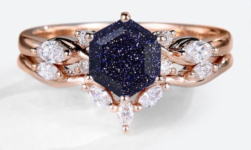 Blue Sandstone Engagement Ring Set Art Deco Wedding Ring Set